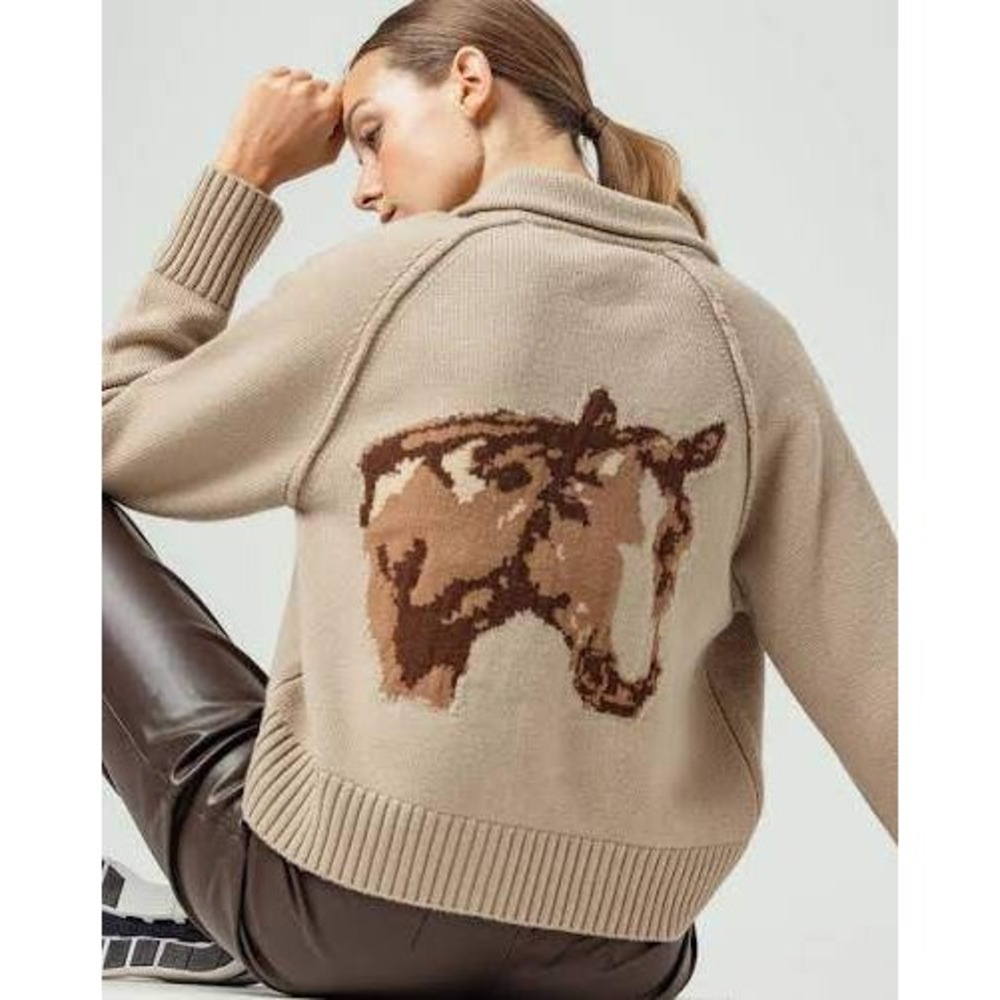 Sundays Wyatt Cardigan Women's Small Tan Horse Intarsia Wool Shawl Collar